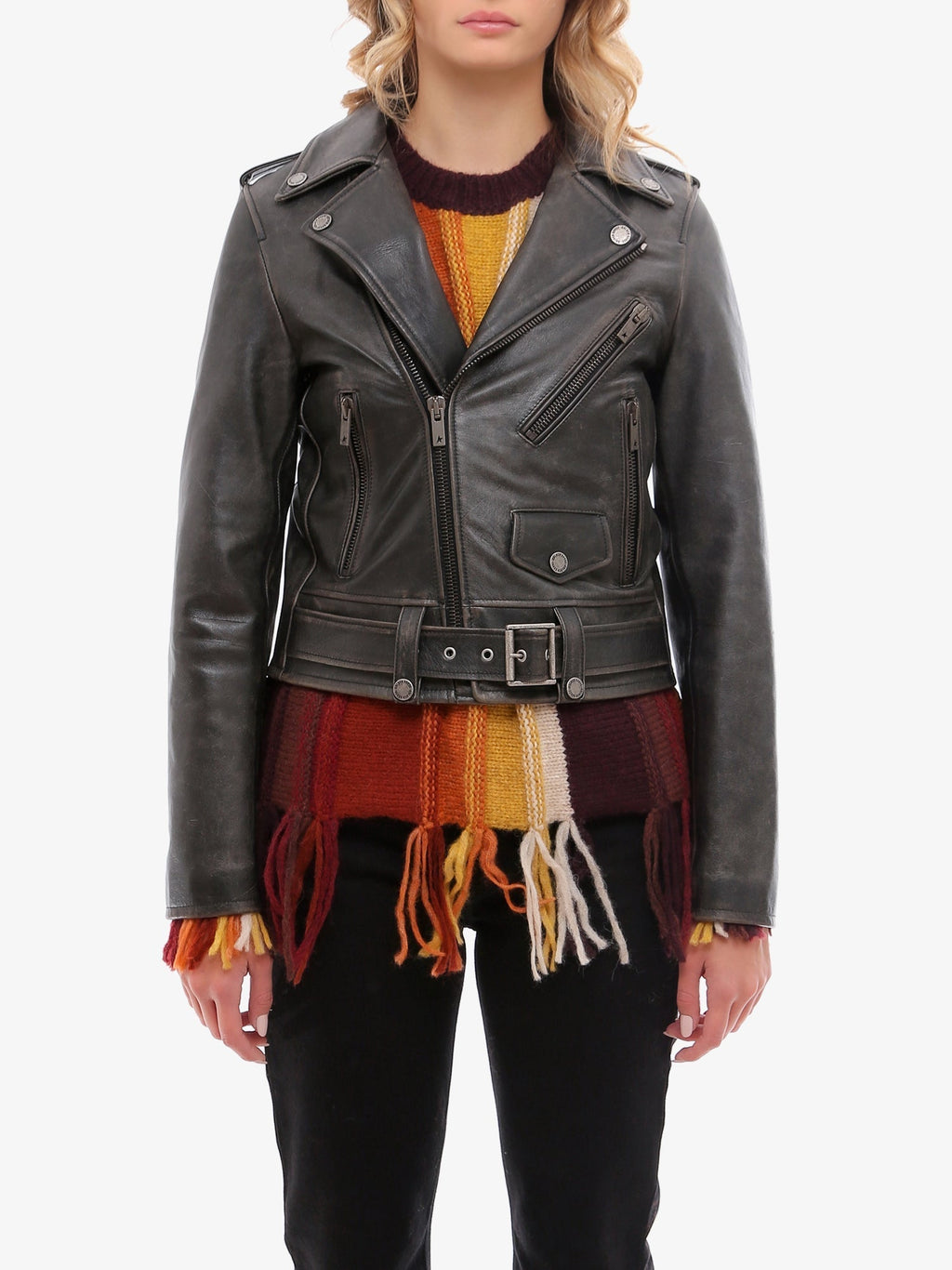 Golden Goose Deluxe Brand Destiny Slim Fit Leather Biker With Lived-In Effect