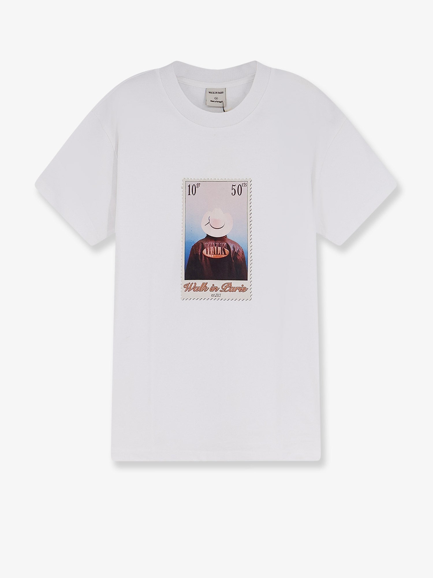 Walk In Paris Cotton T-Shirt With "Leather Jacket" Print On The Front
