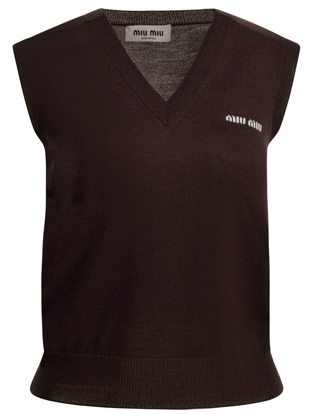 Miu Miu Sleeveless Knitwear In Virgin Wool With Logo